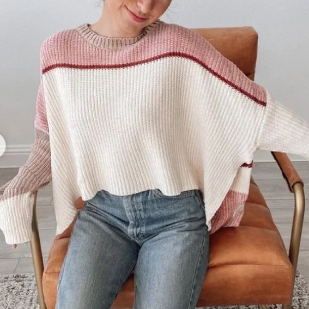 Shop Neighbor Striped Croped Sweater - Pink, Red, White - Size L - Side Slits